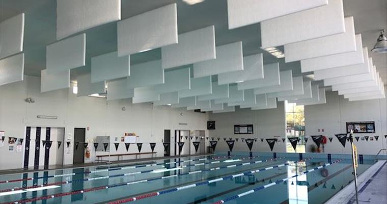 Stratocell Whisper installed on the ceiling in the public pool, Central Coast Mariners FC, Tuggerah, NSW