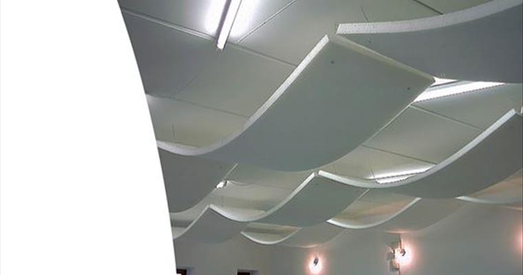 White Fire rated Stratocell Whisper suspended from ceiling to absorb noise