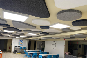 Stratocell Whisper in Black, grey and white on the ceiling in work canteen