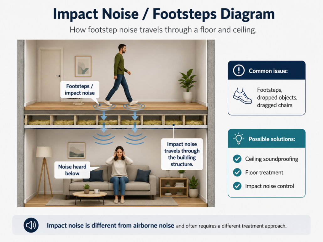 impact-noise-footsteps-from-upstairs Diagram showing footstep impact noise travelling through a floor and ceiling in an apartment.