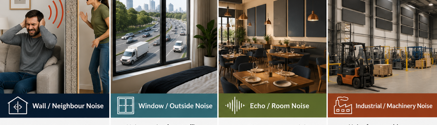 what-soundproofing-product-do-i-need Different soundproofing and acoustic product options for wall noise, window noise, echo and industrial noise problems.