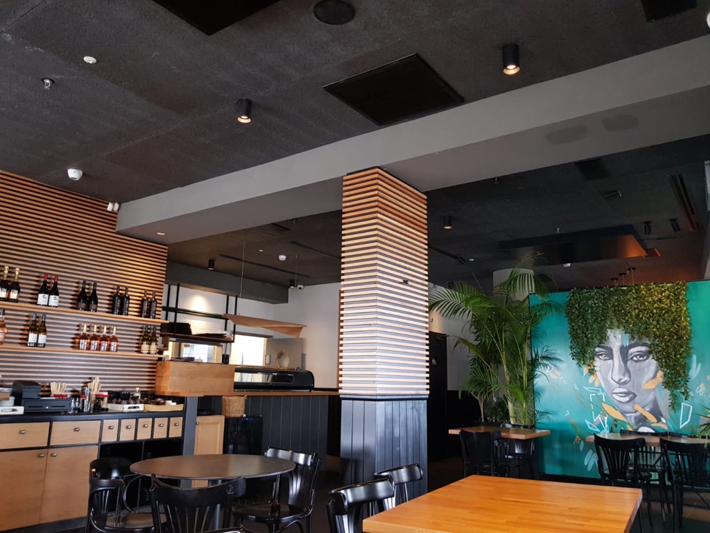 Whisper on ceiling in restaurant Stratocell Whisper installed on ceiling in restaurant